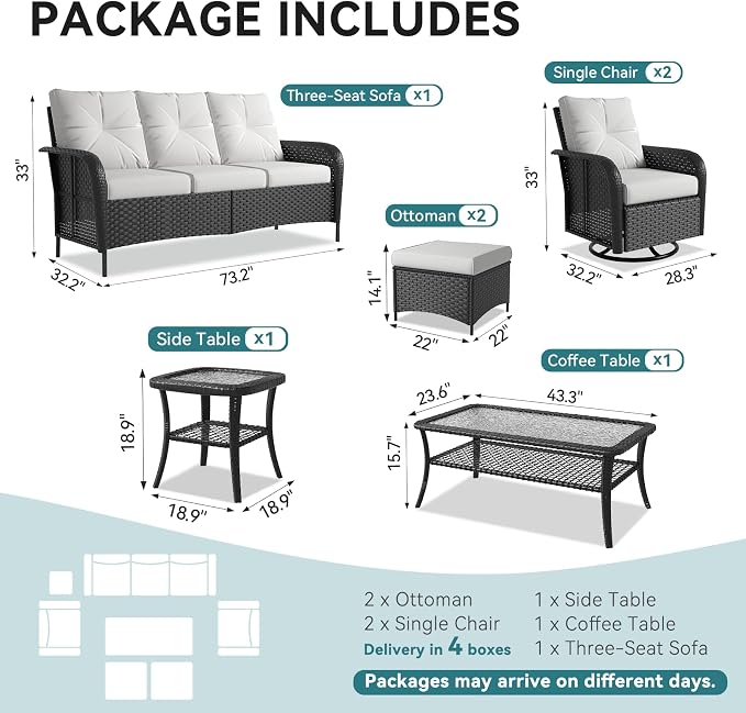 LazySunsets 9 Piece Outdoor Patio Furniture Set with Coffee Table, Wicker Rattan Outdoor Furniture with High Back Swivel Rocker Chairs, Outdoor Conversation Sets with Thick Cushions & Ottoman, Beige