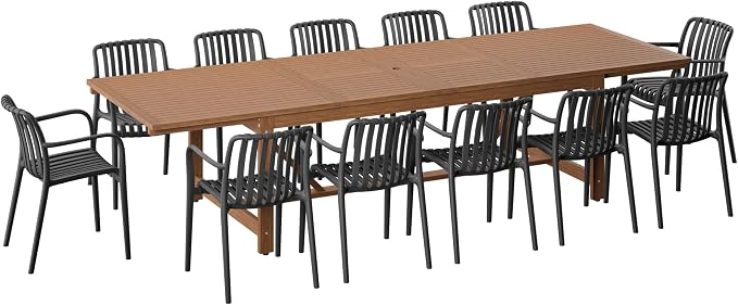 Urban Elements Frida Rectangular Extendable Patio Furniture Set | 100% Certified Teak Finish | Backyard Furniture, Outside Table and Chairs, Rectangular Outdoor Dining Set (Black, 13-Piece)