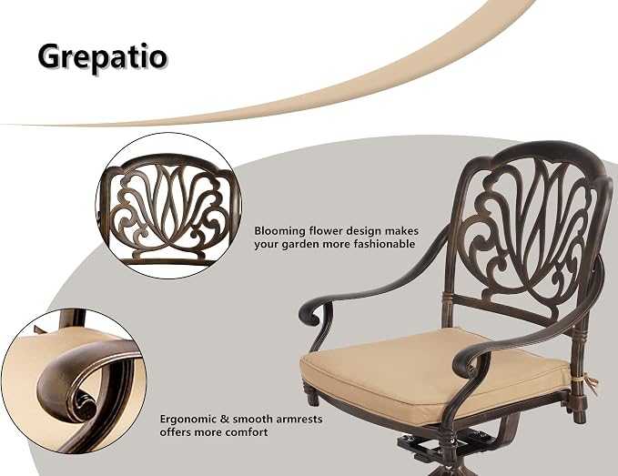 Grepatio 7 Piece Patio Dining Set Outdoor Dining Set Cast Aluminum Furniture Set with 6 Dining Swivel Chairs with 6 Cushions and Dining Table for Backyard Garden Deck Poolside (Khaki)