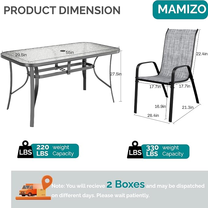 MAMIZO 7 Pieces Patio Dining Set for 6, Outdoor Table and Chairs w/Rectangle Glass Table and 6 Textilene Stackable Chairs, Patio Furniture Set w/1.69" Umbrella Hole (Grey Table & Grey Chair)