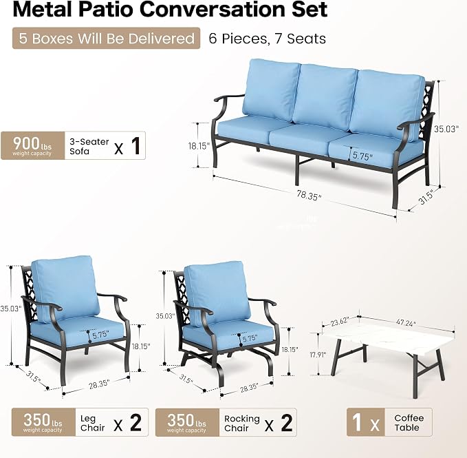 SUNSHINE VALLEY 6 Piece Metal Outdoor Patio Furniture Set, Patio Conversation Set 1 3-Seater Sofa, 2 Rocking Chair, 2 Leg Chair with 5.75" Thick Cushion and Coffee Table, Backyard Furniture Set, Blue