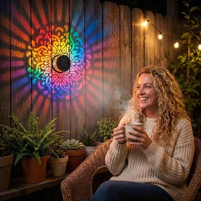 Lscsdf Seven-Color Changing Solar Mandala Projection Wall Light Decorative Solar Mandala Lights Outdoor Waterproof Metal Fence Lights for Yard Garden Post Patio Backyard Decor (1pc)