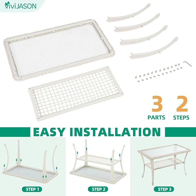 VIVIJASON Outdoor Wicker Coffee Table, All-Weather Rattan Patio Coffee Table with 2-Tier Storage, Tempered Glass Top Rectangle Center Table for Deck, Garden, Balcony, Porch, Cream White