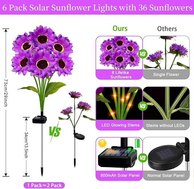 Solar Garden Lights Outdoor, 6 Pack Solar Purple Sunflower Lights with 18 Head 3.5 Inch Flowers, Waterproof Flowers Light Fall Decor Auto ON/Off for Garden Yard Patio Backyard, Gifts for Mom Women
