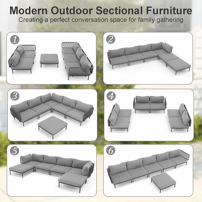 6 Piece Modern Outdoor Sectional Sofa, 31" Oversized Patio Furniture Set with Olefin Woven Rope, Weather-Resistant Metal Frame and Removable Cushion, Dark Grey