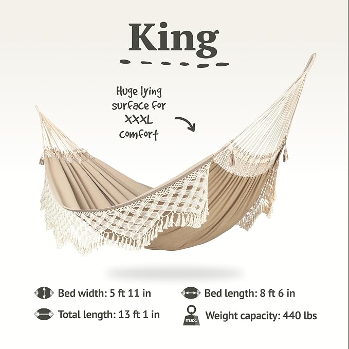 LA SIESTA® - XL King Bossanova Brazilian Hammock - Luxurious Comfort, Organic Cotton Handmade in Brazil - Boho Hammock, Macrame Hammock - Extra-Wide Indoor Hammock Bed for Relaxation - Muscade