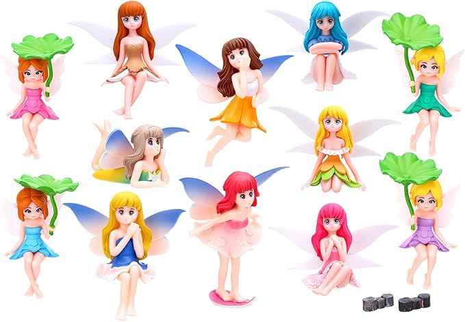14Pcs Mini Fairy Garden Figurines Set | Miniature Tree Stakes Mini Fairy Figures with Fairy Garden Decor Cake Topper Landscapes DIY Terrarium Dollhouse Desk Decor