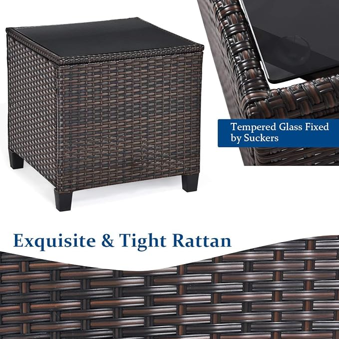DORTALA Wicker Patio Furniture Set 3 Piece, Outdoor Table and Chairs with Tempered Glass Tabletop, Cushions, Small Rattan Conversation Sofa Set for Balcony, Porch, Backyard, Deck, Navy