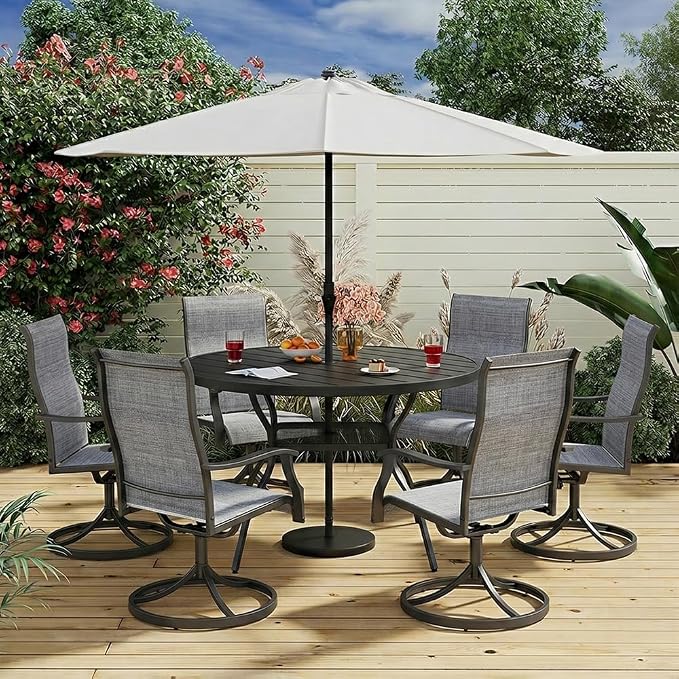 47.3 Inch Outdoor Dining Table for 6 – E-Coating Metal Round Patio Table with Adjustable 1.57" Umbrella Hole, All-Weather Table for Porch, Garden, Backyard, Poolside, Lawn