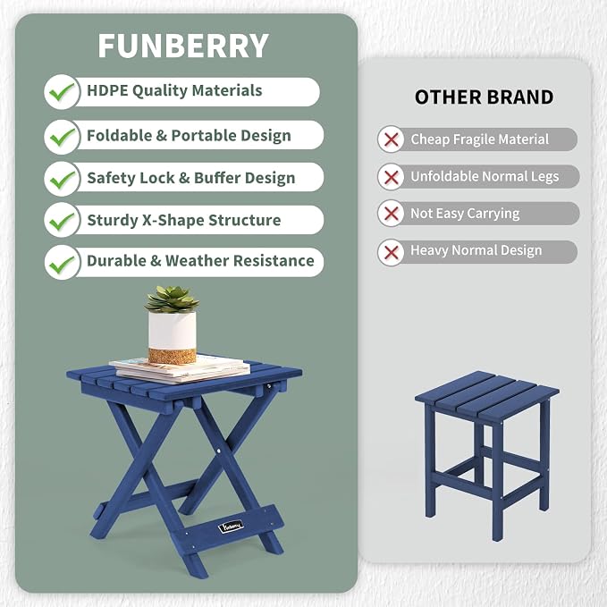 FUNBERRY Outdoor Folding Adirondack Side Table, Patio End Table | No Assembly, Portable, HDPE All Weather, No Rot, No Rust, No Crack, Save Space, Easy-Clean for Indoor or Outdoor