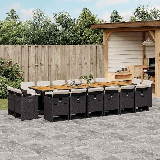 17 Piece Outdoor Dining Set with Cushions, Large Garden Furniture Set for 16 People, Rectangular PE Rattan Table and Foldable Chairs for Backyard Patio Entertaining, Black