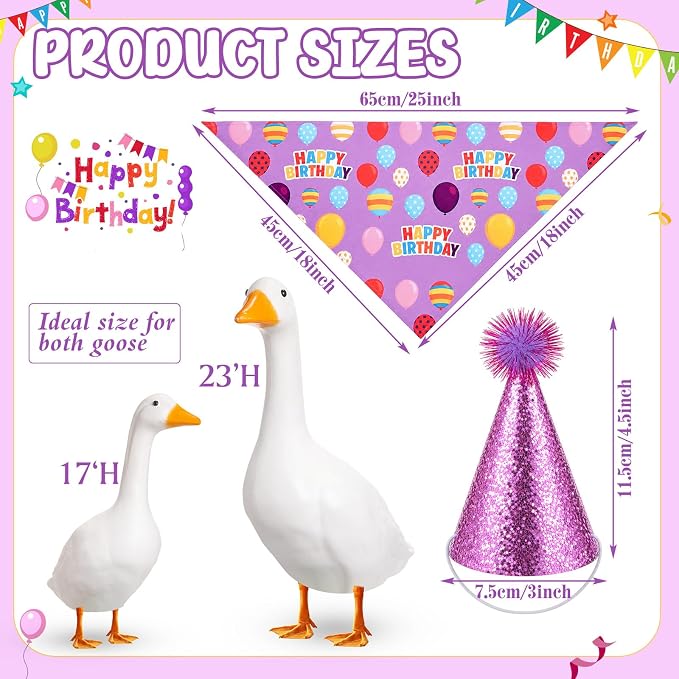 Happy Birthday Goose Outfit with Glitter Hat and Bandana,Purple | for 23" 17" Cement Plastic Porch Goose, Outdoor Statue Patio Yard Lawn Art