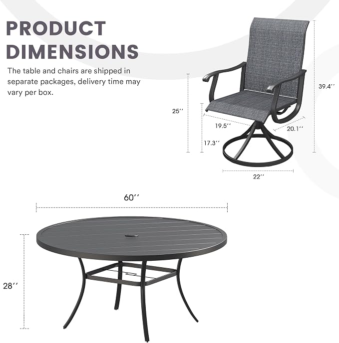 9 Pieces Patio Furniture Dining Set, 8 Textilene Swivel Dining Chairs, 60" Outdoor Round Metal Table with 1.57" Umbrella Hole, Outdoor Dining Set for Porch, Lawn, Garden, Black/Black