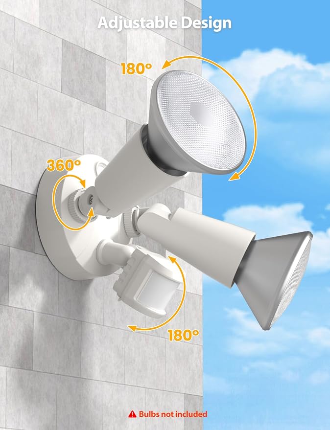 Onforu 2 Pack Motion Sensor Outdoor Lights, Dusk to Dawn Flood Light Fixture, Adjustable Dual PAR38 Heads, Hardwired Floodlight, E26 Base, 300W Max for Garage, Driveway, Yard, Porch, Milky White