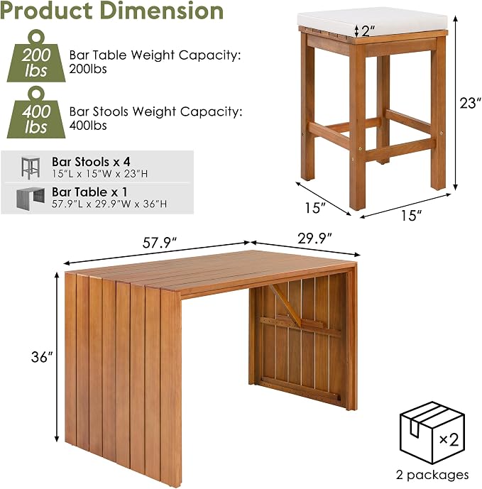 5 Piece Outdoor Bar Set for 4, Acacia Wood Bar Height Table & 4 Stools with Removable Cushions, Wood Dining Table Bar Set with Adjustable Feet for Backyard, Poolside, Balcony, Beige+Natural