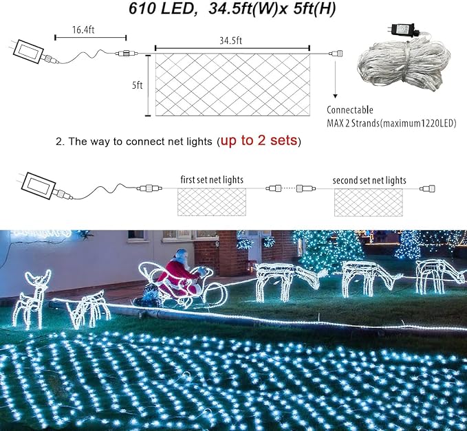 Pooqla Cool White Net Lights, 34.5X 5ft Christmas Lights Outdoor Clear Wire | 610 LED Large Net Mesh Lights Plug in, 8 Modes Waterproof Connectable Bushes Lights for Christmas Hedge Yard Decor