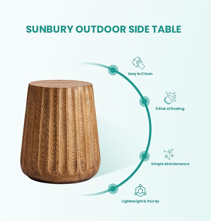 SUNBURY Outdoor Side Table, Stump End Table, Wood Stump Stool Light Oak, Round Concrete Side Table Colored Faux Wood, Ottoman or Plant Stand, Deck or Garden