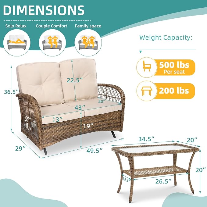 MEETWARM Outdoor Wicker Patio Glider Set, Loveseat for 2 Person Porch Furniture Glider with Glass-Top Coffee Table, Patio Glider Rocking Bench with Thickened Cushions, Brown