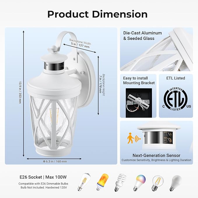 VIANIS Motion Sensor Outdoor Wall Light Fixtures, White Modern Front Porch Lights Wall Mount, Waterproof Anti-Rust Outdoor Lanterns Wall Sconce with Seeded Glass, Exterior Coach Light for Garage,Patio