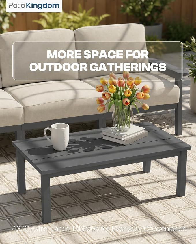 43.9" HDPE Outdoor Coffee Table (Gray) | All-Weather HDPE, Easy Assembly, Low-Maintenance, Large Tabletop, For Patio Deck Poolside Backyard Use