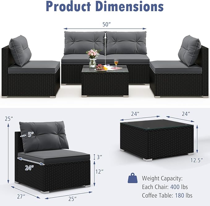 RELAX4LIFE 5-Piece Outdoor Patio Furniture Set, Rattan Sectional Sofa Set w/Glass-Top Coffee Table, Soft Seat & Back Cushions, Bistro Set for Garden Backyard Porch, Wicker Conversation Set (Grey)