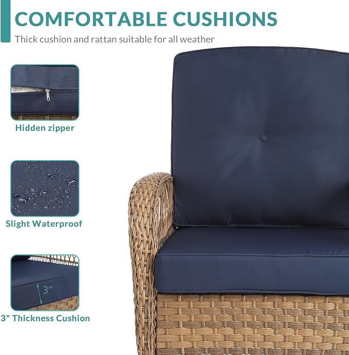 MEETWARM 4-Piece Outdoor Patio Conversation Set with Glider Loveseat, 2 Chairs, Glass-Top Coffee Table, Rocking Glider, Thickened Cushions, Navy Blue