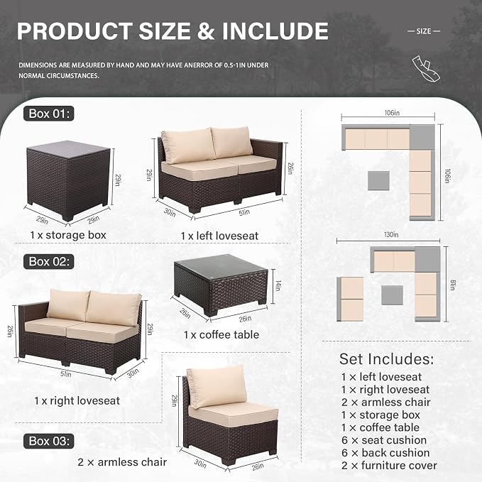 Valita 5 Pieces Brown Wicker Patio Furniture Set Outdoor Sectional Conversation Sofa Set with Storage Bin and Glass Table with Non-Slip Cushions Furniture Covers, Beige
