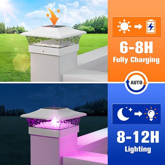 APONUO Solar Post Cap Lights with 8 RGB Solid Colors & Multicolor Flow - 8 Pack Fence Post Solar Lights, IP65 Waterproof - Fits 4x4 5x5 6x6 Wood & Vinyl Posts - White