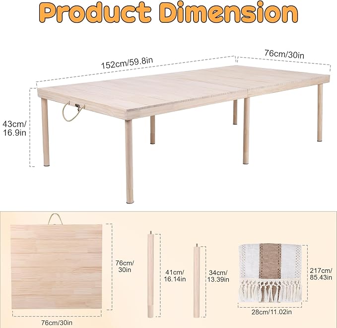 60'' Folding Wooden Picnic Table, Adjustable Height Portable Picnic Table for Outdoor Camping, Beach, Patio, Backyard, Solid Wood Boho Low Picnic Tables with Detachable Legs and Table Runner