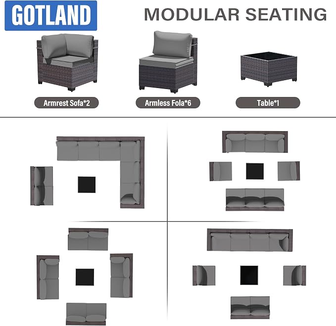 Gotland 9 Pieces Patio Furniture Set with 29.5'' High Backrest, All Weather PE Wicker Outdoor Furniture with 4’’ Thickened Cushions Coffee Table, Patio Set for Deck, Garden, Backyard, Grey