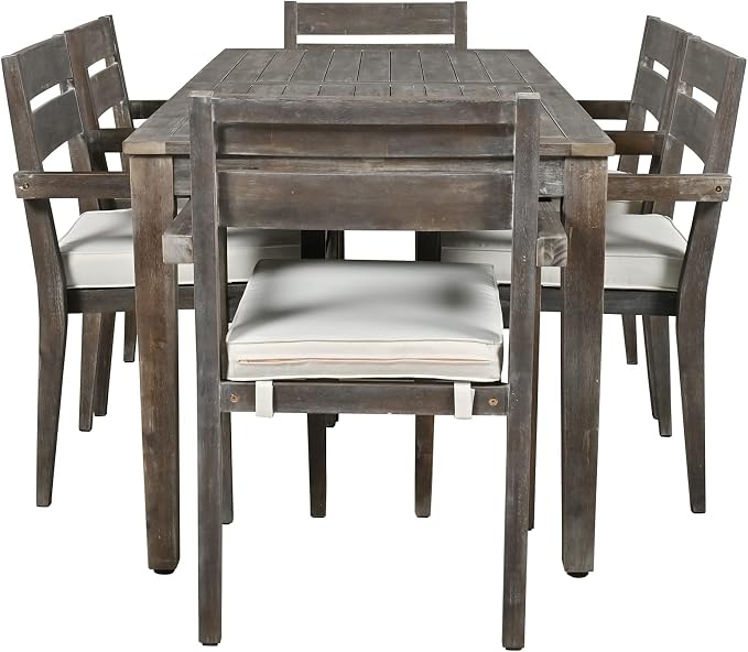 VilroCaz 7-Pieces Acacia Wood Outdoor Dining Table Set, All-Weather Patio Conversation Dining Set, 70.9'' Dining Table with 6 Removable Cushion Chairs, Suitable for Patio Balcony Backyard (Grey-AC)