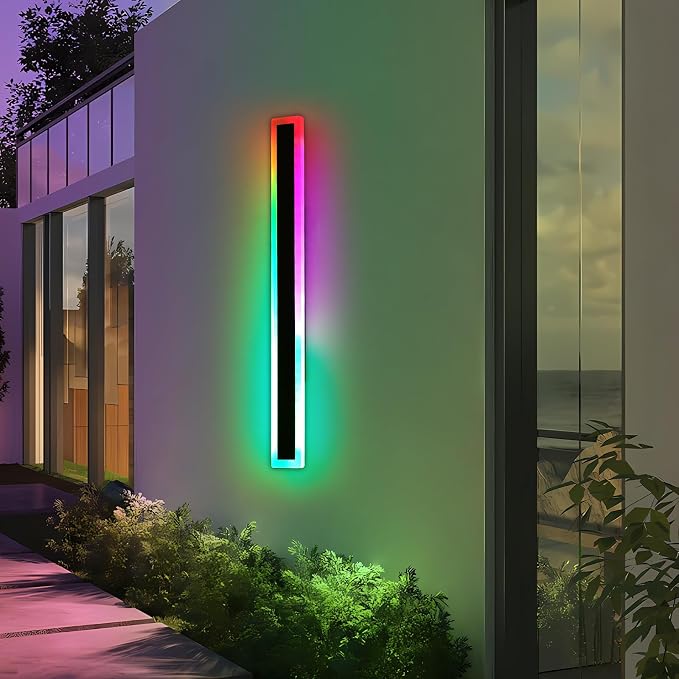 23.6inch Outdoor Modern Wall Light, 10 Colour RGB Dimmable Long Wall Sconce, IP65 Waterproof Simple Acrylic Exterior Garage Lighting Fixtures for Patio House Garage, Front Door, Porch