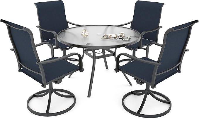 5 Piece Outdoor Dining Set 40" Glass Round Table,NavyBlue Swivel Chair Sty2 | 4 Piece Swivel Chairs: High Back, Curved Armrest, Textilene Fabric, Rocking; 48 inch Metal Round Table, All Weather