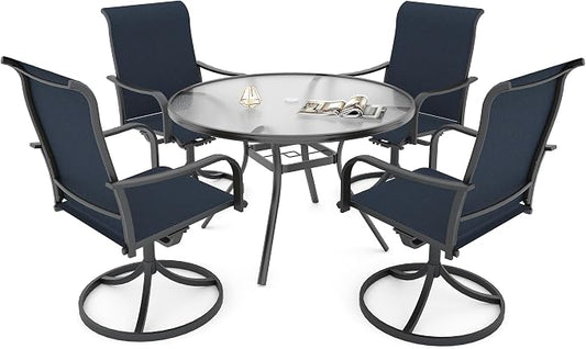 5 Piece Outdoor Dining Set 40" Glass Round Table,NavyBlue Swivel Chair Sty2 | 4 Piece Swivel Chairs: High Back, Curved Armrest, Textilene Fabric, Rocking; 48 inch Metal Round Table, All Weather