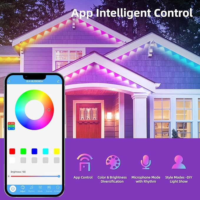 AHAWILL IP67 Permanent Outdoor RGB Lights for Halloween Decor(100ft) | Waterproof outdoor string eaves lights with remote&APP, 100ft 48led,Accent Lighting for Christmas Decor