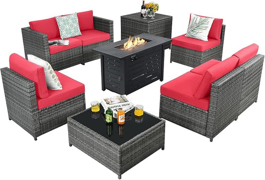 Tangkula 9 Pieces Patio Rattan Furniture Set, Patiojoy Sectional Sofa Set w/Fire Pit Table, Storage Box, Coffee Table, Outdoor Wicker Conversation Set w/ 42” ETL Approved Propane Fire Pit Table (Red)