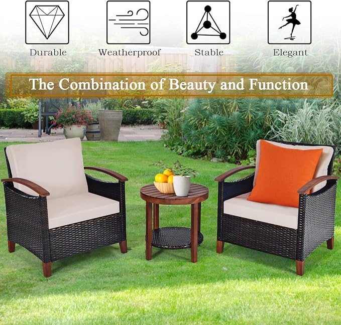 Tangkula 3 Pieces Patio Furniture Set, Outdoor Rattan Sofa and Side Table w/Solid Acacia Wood Frame, High Load Bearing Conversation Bistro Set w/Washable and Removable Cushions (Beige)