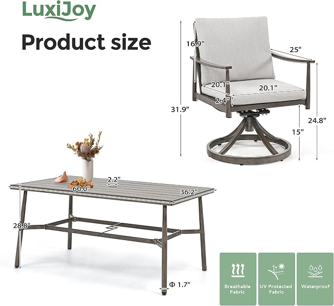 7-Piece Outdoor Dining Set for 6, Aluminum Dining Set with Cushions, 6 Swivel Chairs with Rope Backrest, Large Rectangular Table with Umbrella Hole, Patio Dining Set for Lawn Porch Yard,Grey