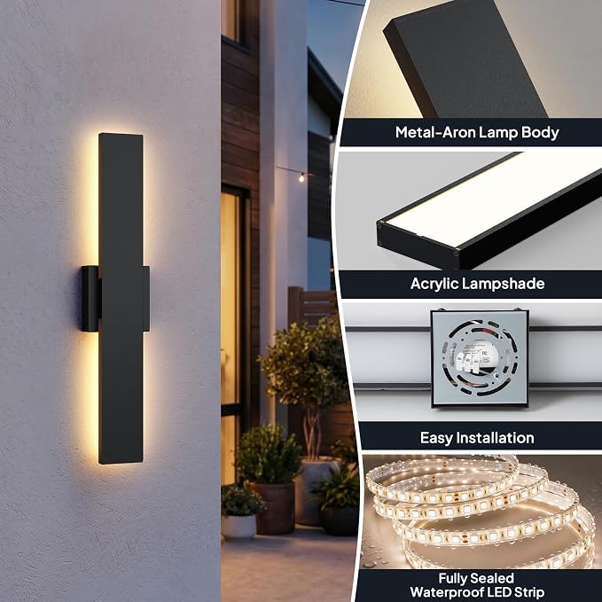 2 Pack LED Outdoor Wall Lights, 3CCT & 10%-100% Dimmable, 23.6" Linear Exterior Light Fixtures, IP65 Waterproof Outside Sconces for Porch Patio Garage House Facade