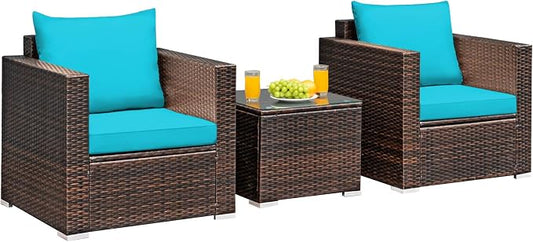 Tangkula 3 Pieces Patio Furniture Set, Outdoor Conversation Rattan Furniture Set w/Washable Cushion and Tempered Glass Tabletop, PE Rattan Wicker Sofa Set for Garden Poolside Balcony
