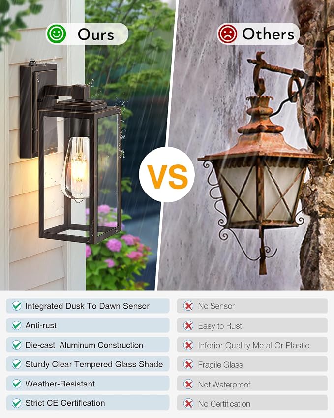 VIANIS Dusk to Dawn Outdoor House Lights Wall Mount, 2 Packs Oil Rubbed Bronze Gold Trim Exterior Garage Lighting Fixtures, Farmhouse Outdoor Wall Sconce Lantern for Porch Patio, Anti-Rust Waterproof