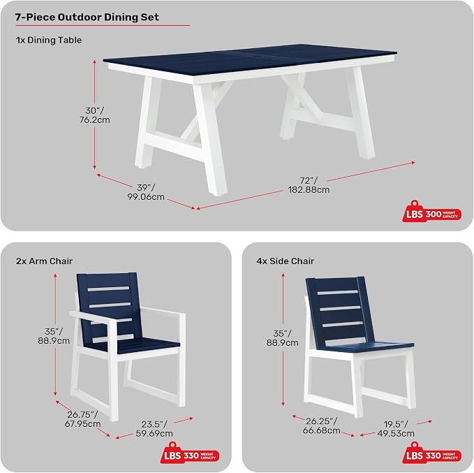 Costaelm Stinson 7-Piece Outdoor HDPE Patio Dining Table Set with Umbrella Hole & Dining Chairs for 6, Navy Blue