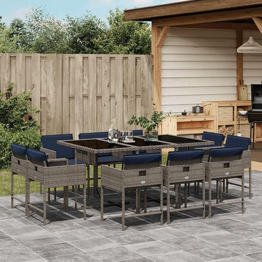 11 Piece Garden Dining Set with Cushions Grey Poly Rattan Outdoor Patio Table and 10 Folding Chairs Tempered Glass Top UV Resistant for Backyard Relaxation 110 kg Load Capacity