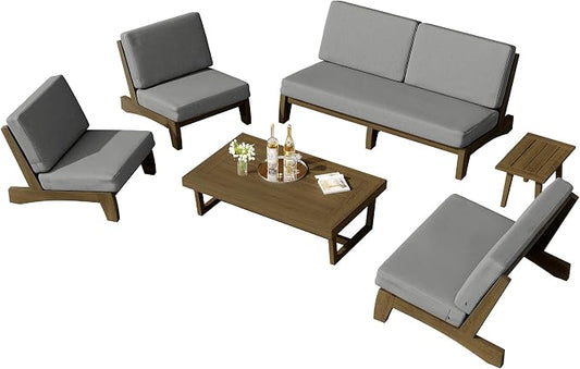 6 Piece Wood Outdoor Patio Frutnire Set, 7 Seater Patio Conversation Sets with Thick Cushions, Outdoor Sectional Furniture with Coffee Table - Gray