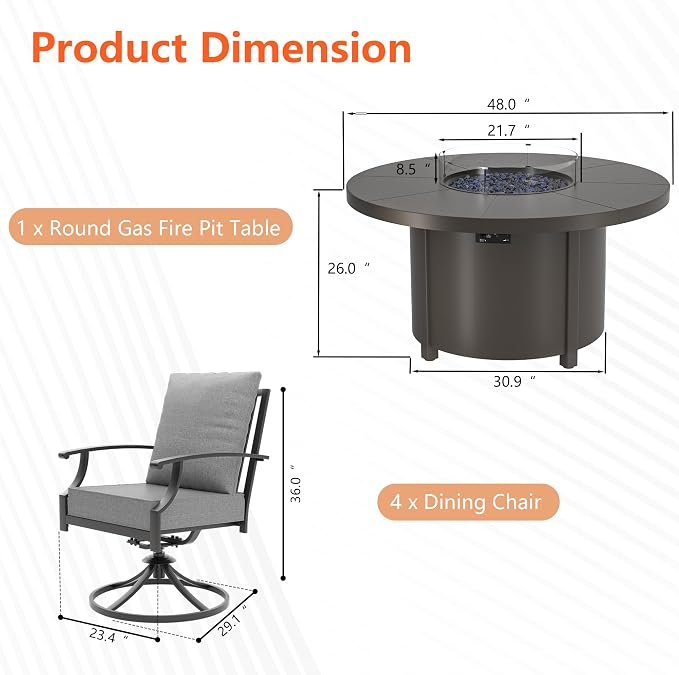 5 Pieces Outdoor Patio Furniture Set with 48" 55000 BTU Round Propane Fire Pit Table,Patio Dining Set Outdoor Conversation Sets 4 Swivel Chairs for Deck,Backyard and Garden,Grey
