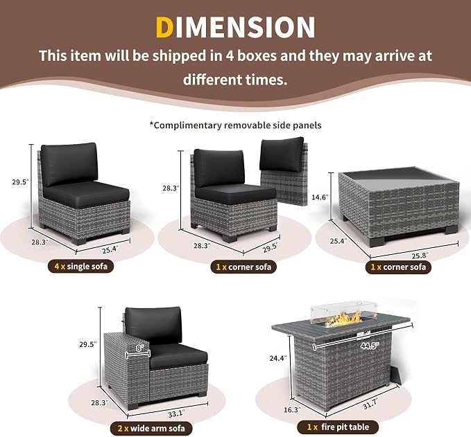 Patio Furniture with Fire Pit Table,8‘’ Wide armrest Outdoor Sectional Rattan Sofa Set, Wicker Patio Furniture Sets w/Coffee Table,Thick Cushions and Cover for Porch,Deck, 9PC(Grey&Black)