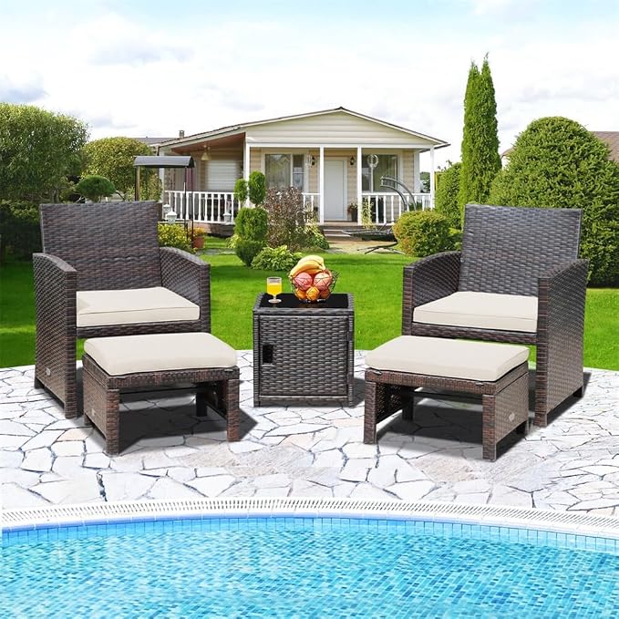 5PCS Patio Rattan Furniture Set Ottoman Cushioned W/Cover Space Saving Beige