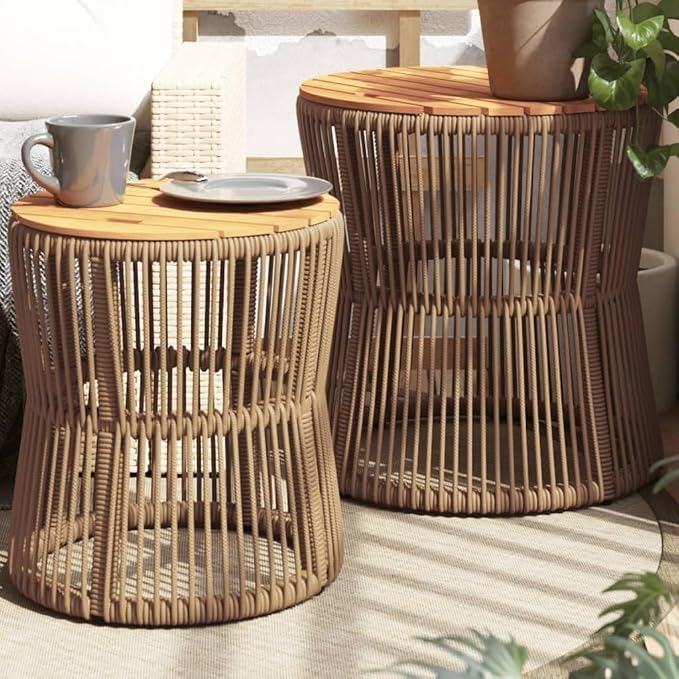 Patio Side Tables 2 Pcs with Wooden Top Beige Poly Rattan, Acacia Wood Outdoor End Tables Set, Powder-Coated Steel Frame for Garden Backyard Patio