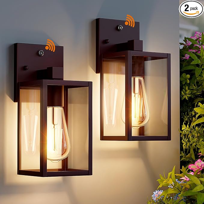 2 Pack Oil Rubbed Bronze Dusk to Dawn Outdoor Lantern Lamp Wall Mount, Sensor Exterior Lighting Fixtures, Outside Porch Lights for House, Waterproof Wall Sconce Lights, Coach Light for Garage Entryway