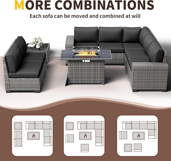 Patio Furniture with Fire Pit Table,8‘’ Wide armrest Outdoor Sectional Rattan Sofa Set, Wicker Patio Furniture Sets w/Coffee Table,Thick Cushions and Cover for Porch,Deck, 9PC(Grey&Black)
